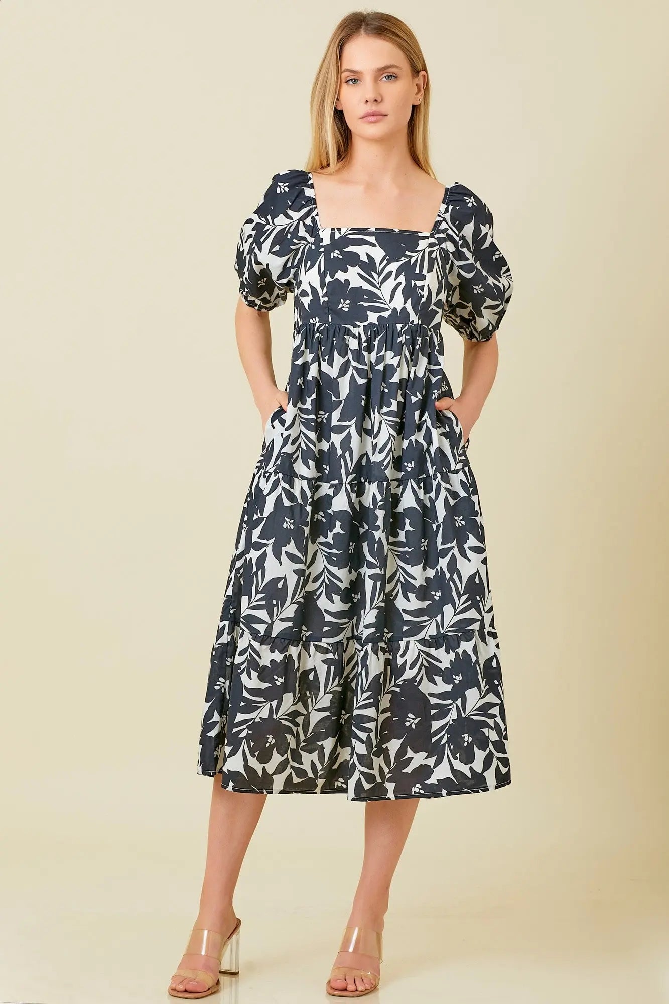 PinkBlush Chic Black White Puff Sleeve Midi Dress for Fashion Forward Women - Apparel & Accessories > Clothing > Dresses