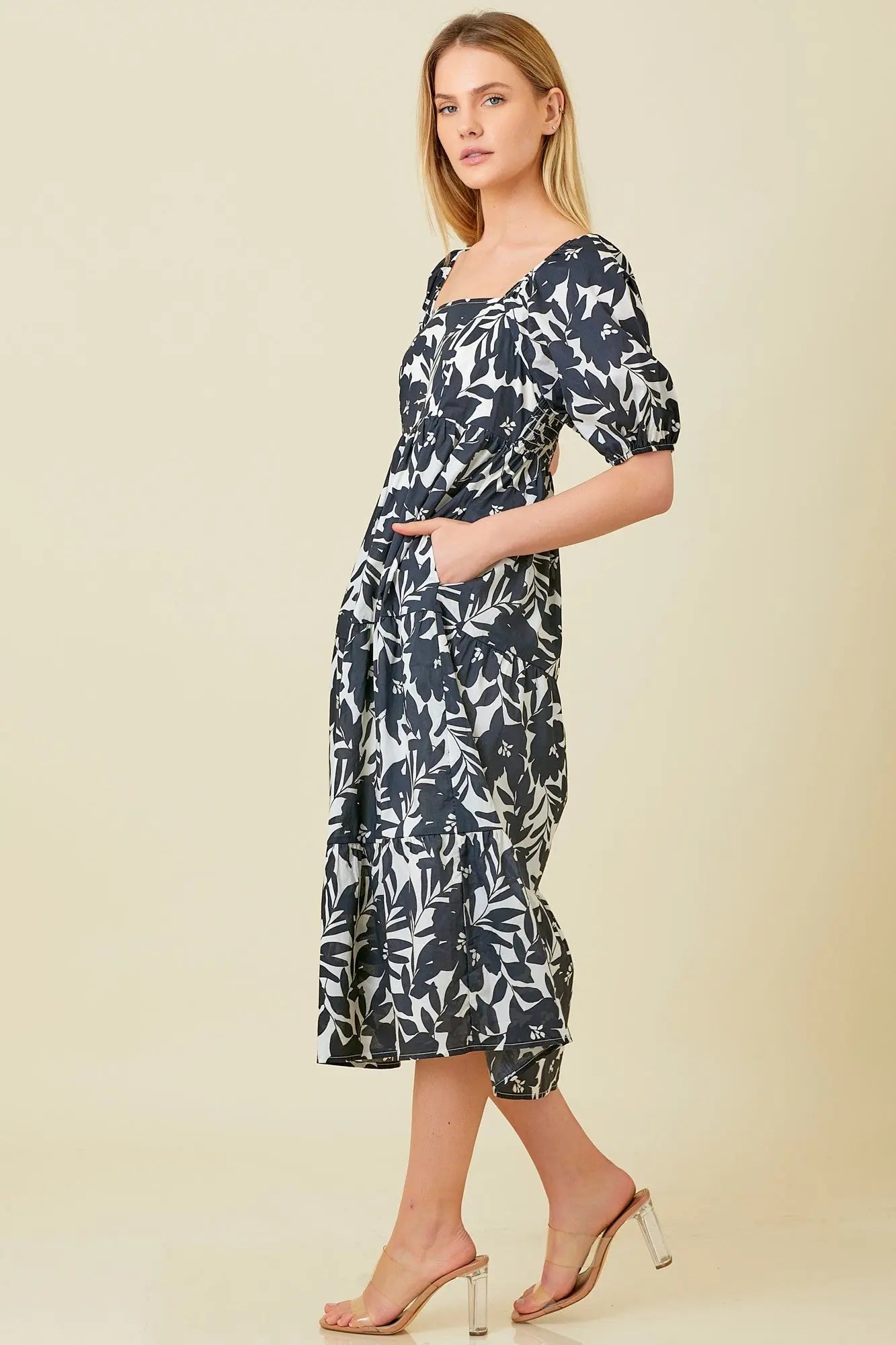 PinkBlush Chic Black White Puff Sleeve Midi Dress for Fashion Forward Women - Apparel & Accessories > Clothing > Dresses