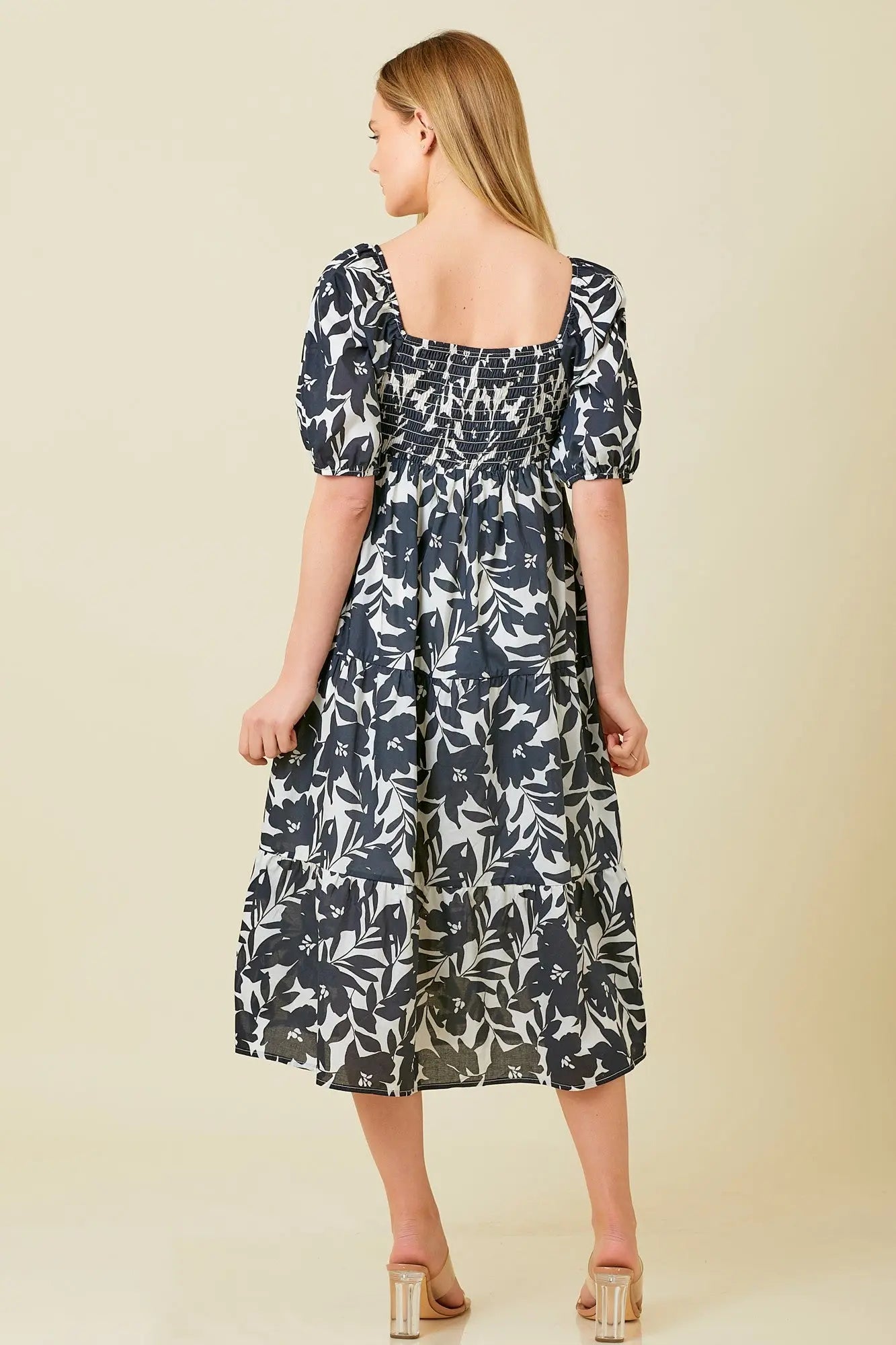 PinkBlush Chic Black White Puff Sleeve Midi Dress for Fashion Forward Women - Apparel & Accessories > Clothing > Dresses