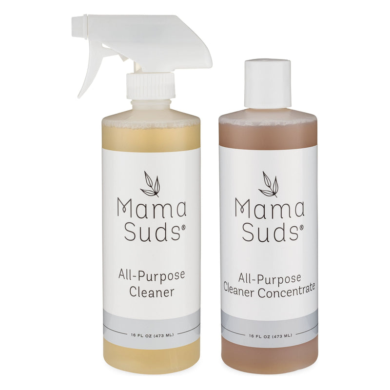 MamaSuds All-Purpose Cleaner and Concentrate bottles with eco-friendly and non-toxic cleaning solutions.