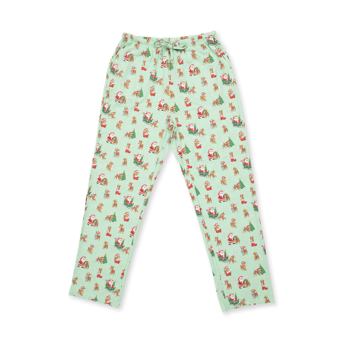 Adult loungewear pants in a vintage reindeer and Santa holiday print with side pockets