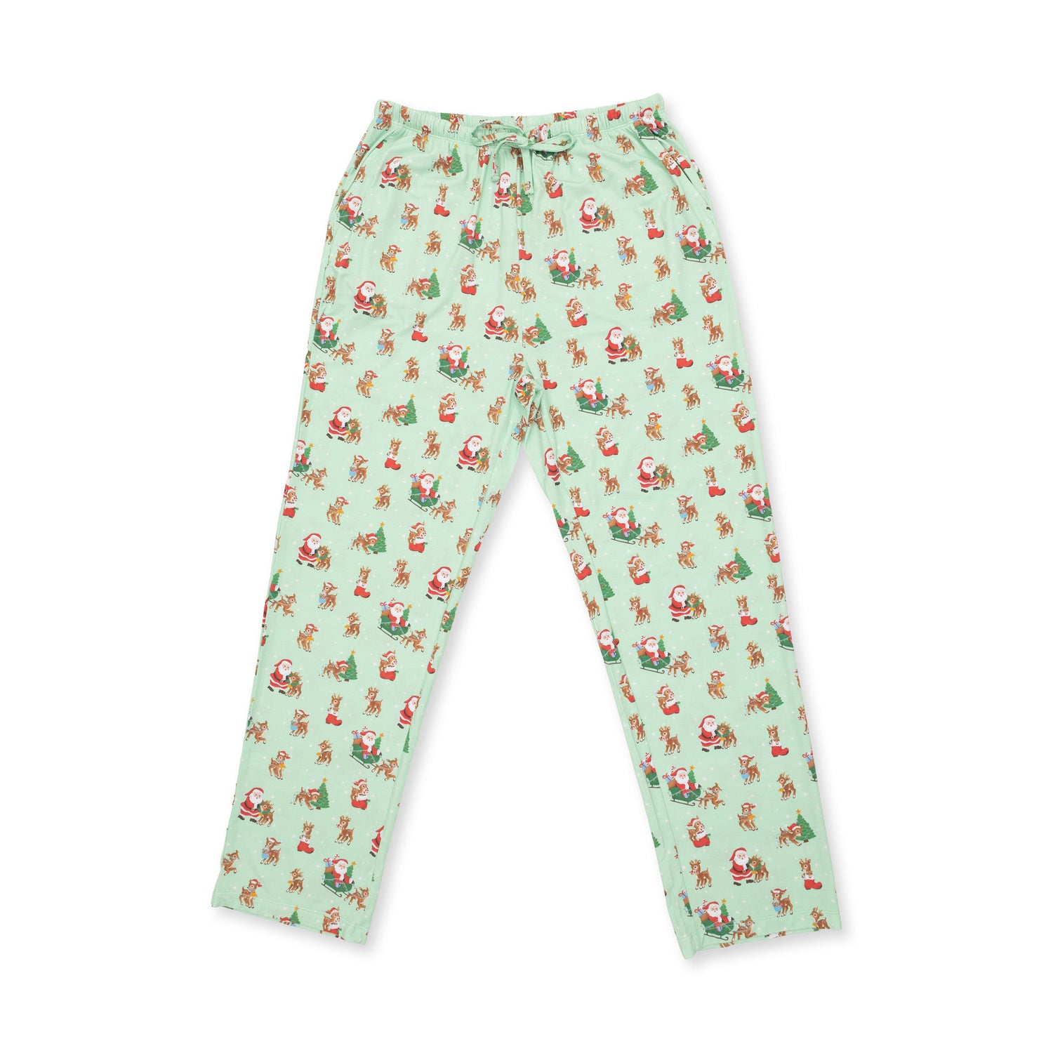 Adult loungewear pants in a vintage reindeer and Santa holiday print with side pockets