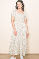 PinkBlush cream floral smocked square neck tiered puff sleeve maternity maxi dress.