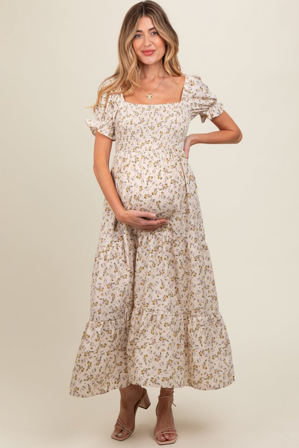 PinkBlush cream floral smocked square neck tiered puff short sleeve maternity maxi dress.