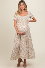 PinkBlush cream floral smocked square neck tiered puff short sleeve maternity maxi dress.