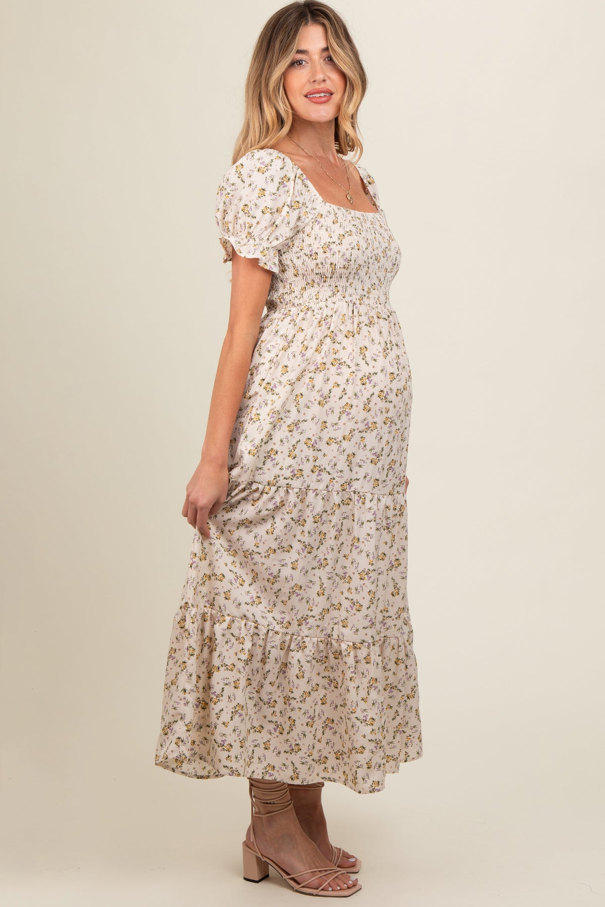 PinkBlush cream floral smocked square neck tiered puff sleeve maternity maxi dress.