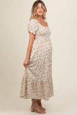 PinkBlush cream floral smocked square neck tiered puff sleeve maternity maxi dress.