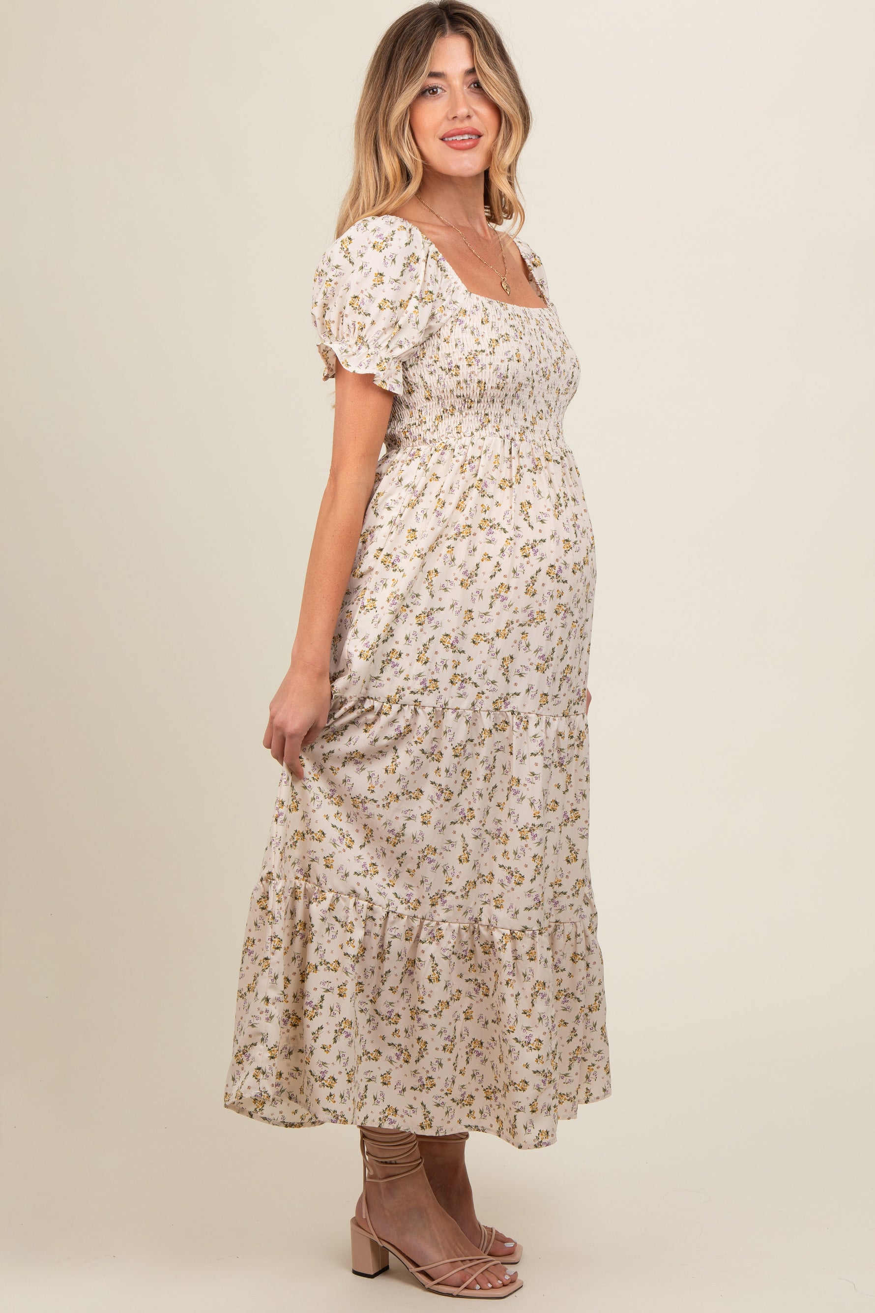 PinkBlush cream floral smocked square neck tiered puff sleeve maternity maxi dress.