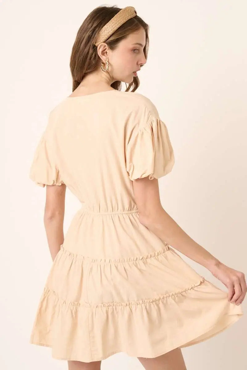 PinkBlush Chic Beige Mini Dress with Puff Sleeves for Stylish Women - Apparel & Accessories > Clothing > Dresses Apparel & Accessories > Clothing > Dresses