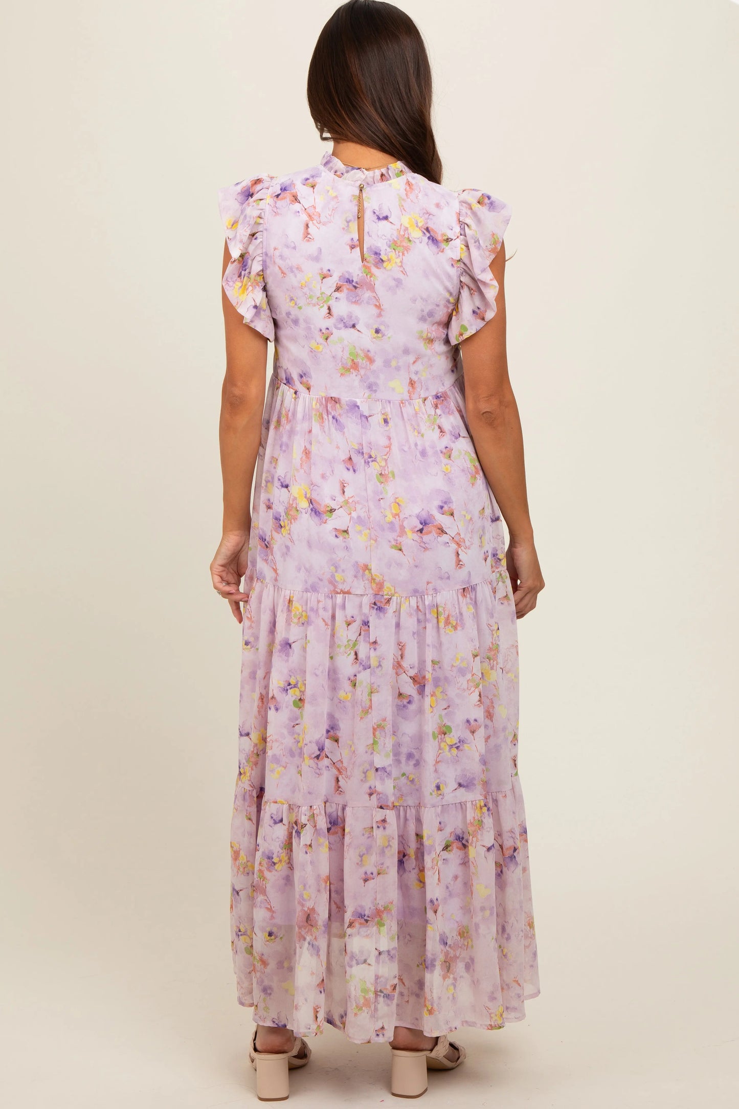 Lavender Floral Chiffon Ruffle Shoulder Tiered Maternity Maxi Dress PinkBlush
