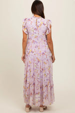 PinkBlush Elegant Lavender Floral Maxi Dress with Ruffle Shoulders for Expecting Mothers - Apparel & Accessories > Clothing > Maternity Clothing > Maternity Dresses Apparel & Accessories > Clothing > Dresses