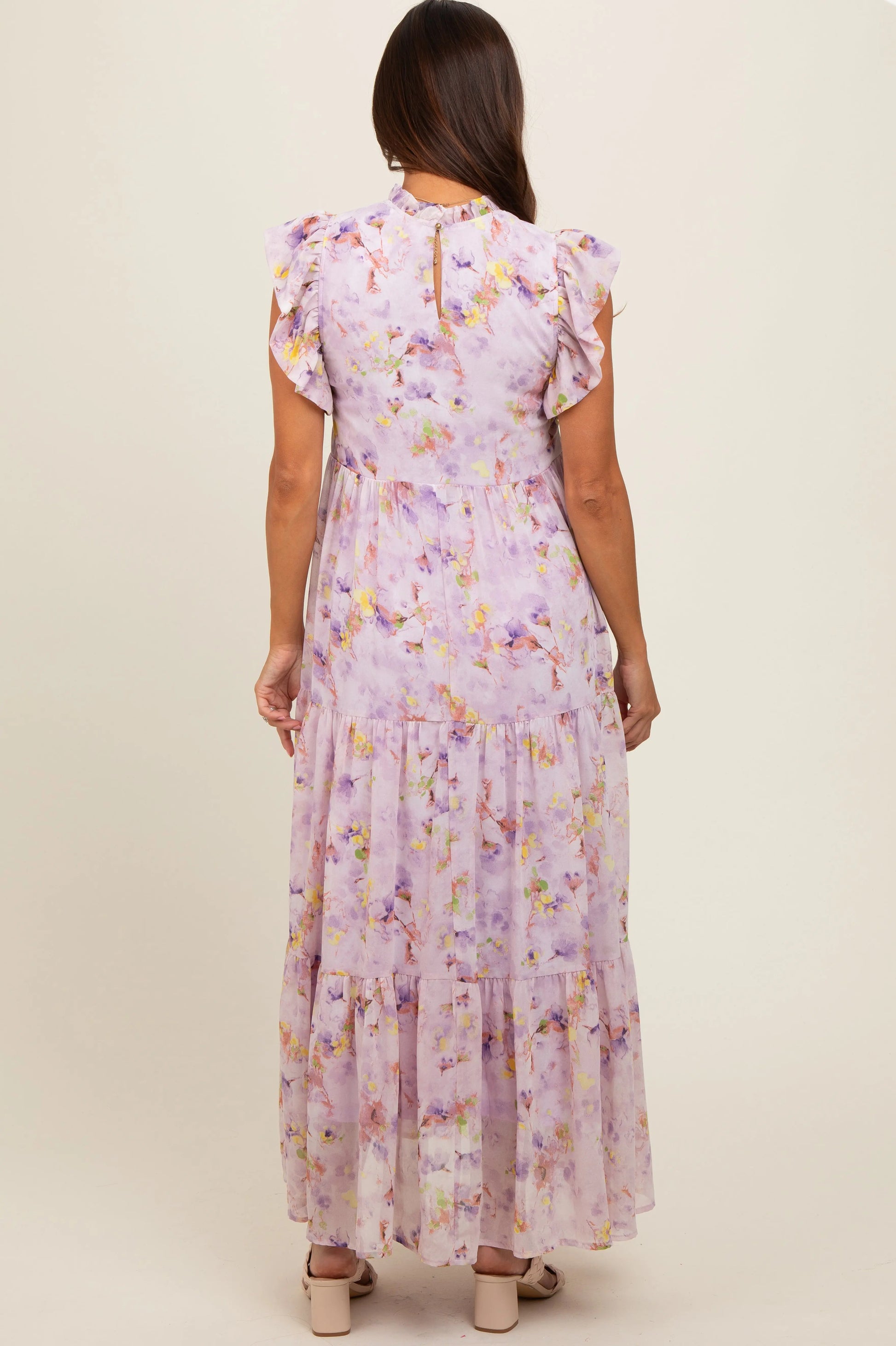 Lavender Floral Chiffon Ruffle Shoulder Tiered Maternity Maxi Dress PinkBlush
