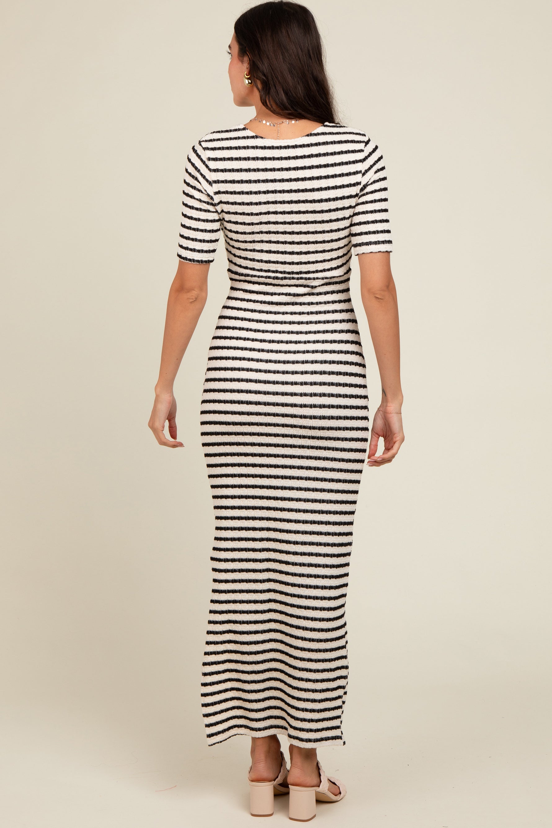 Ivory Black Striped Knit Short Sleeve Maxi Dress by PinkBlush at Everetts Place