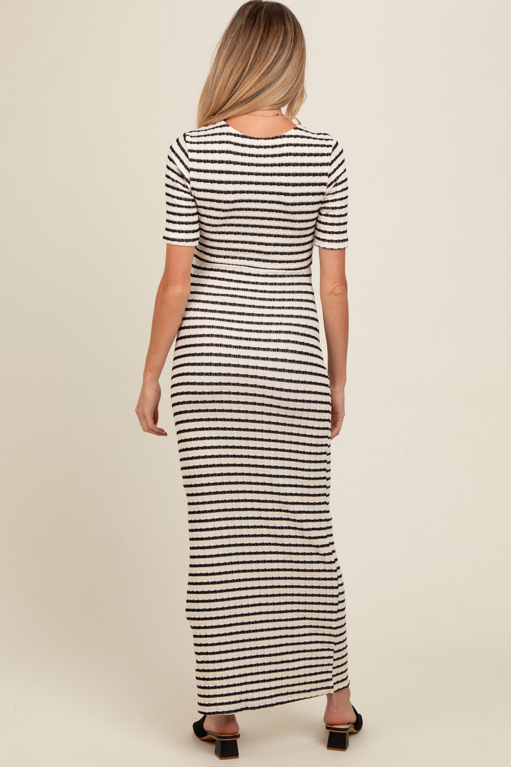 Ivory Black Striped Knit Short Sleeve Maternity Maxi Dress by PinkBlush at Everetts Place