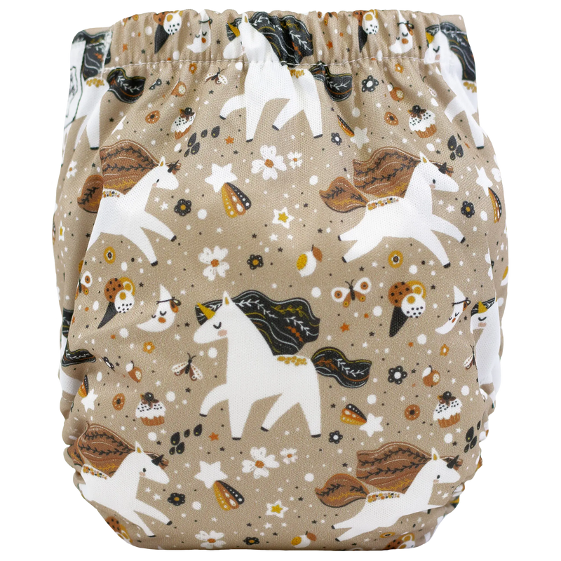 Tiny Tushies Newborn AIO Cloth Diaper with unicorn print, fitting 5-20 lbs.