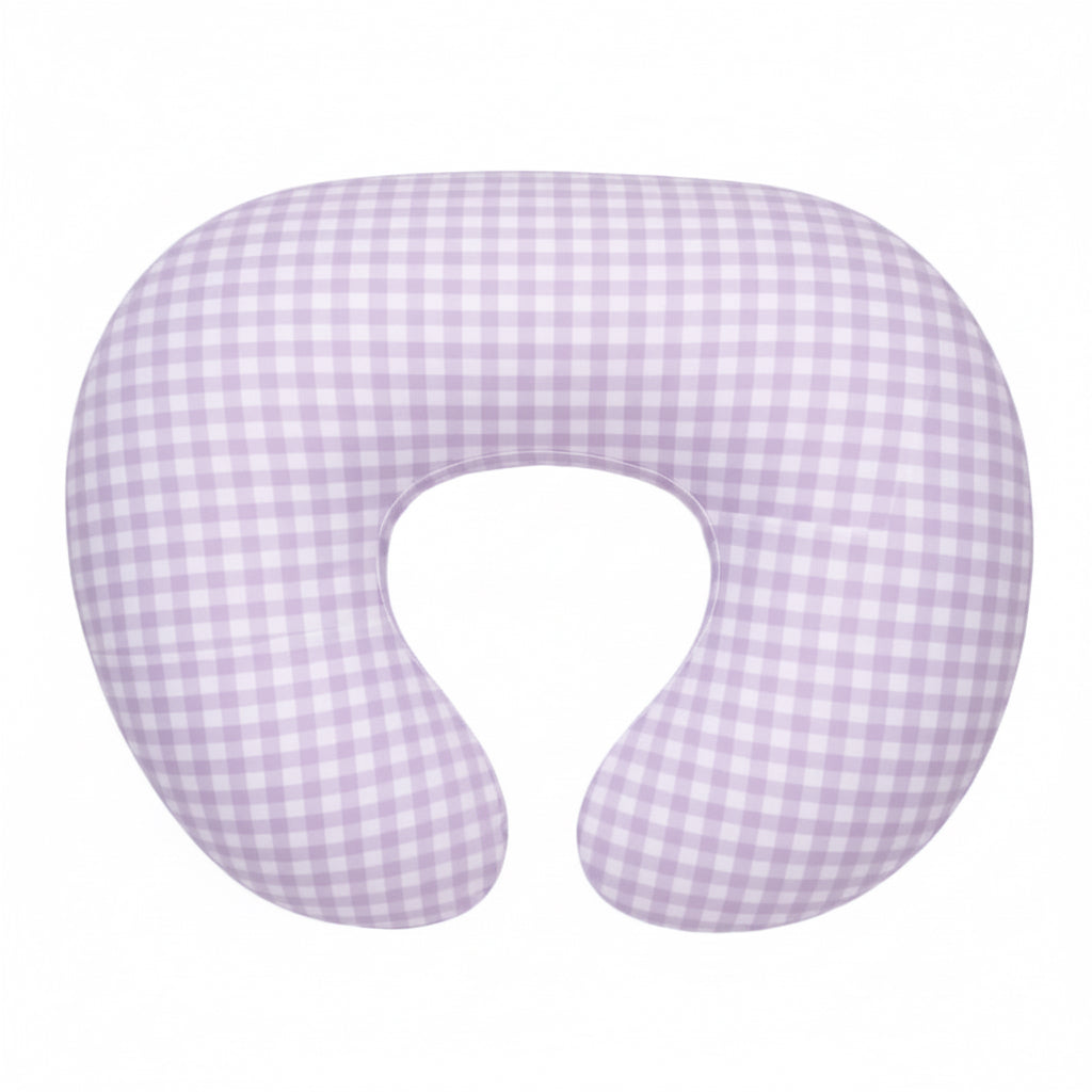 Purple and white gingham nursing pillow cover with a ruffle edge trim.