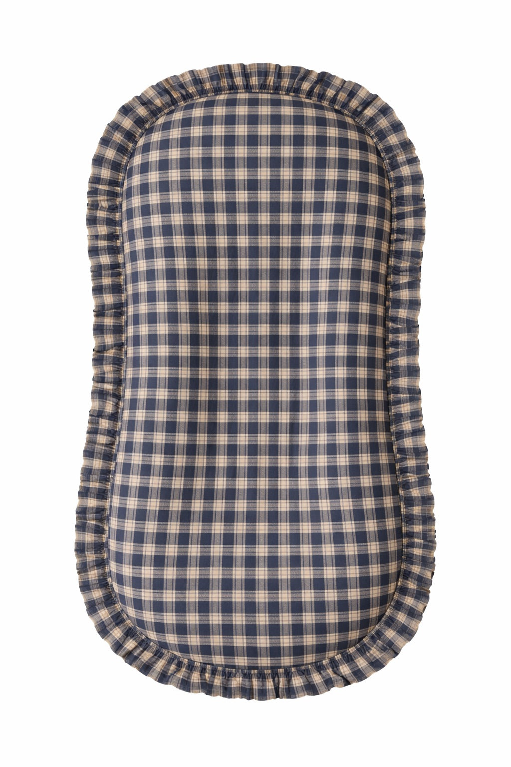 Blue plaid baby lounger cover with a ruffle top edge, fitted over a curved nest lounger.