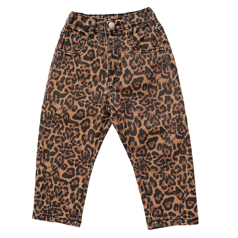 Baby barrel-leg jeans in denim with an allover cheetah print and relaxed fit