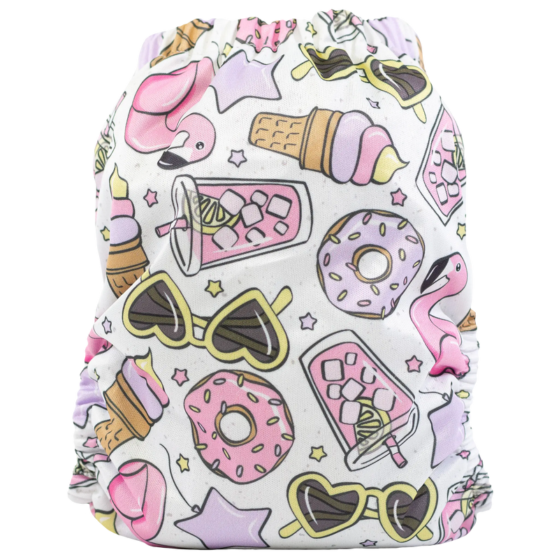 Slim fit pocket cloth diaper with playful summer-themed print.