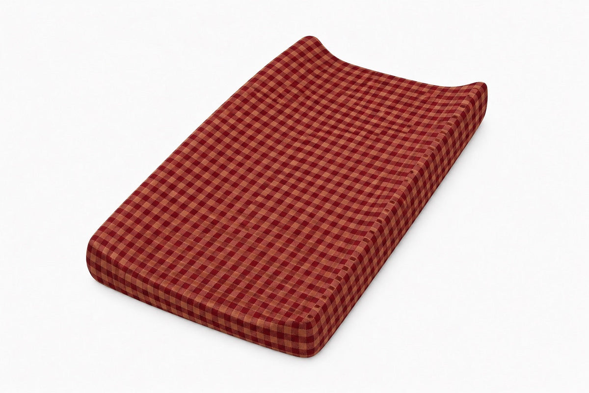 Changing pad cover in red and beige gingham print