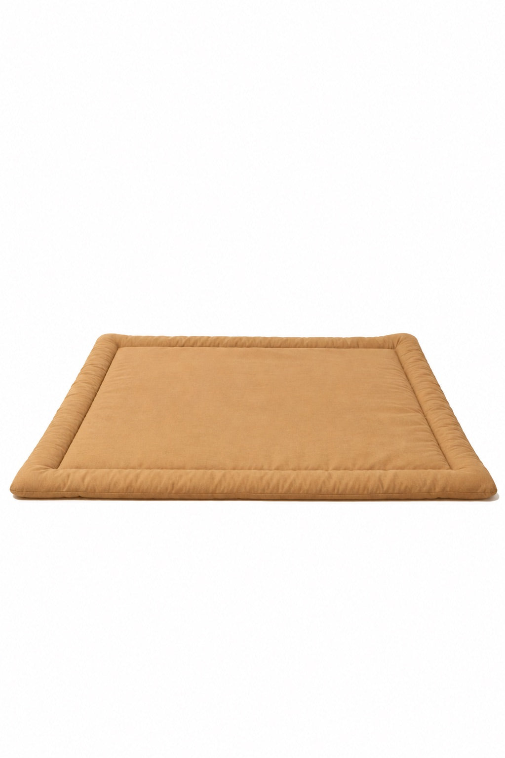Solid brown padded baby play mat laid flat, rectangular with soft padding