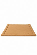 Solid brown padded baby play mat laid flat, rectangular with soft padding