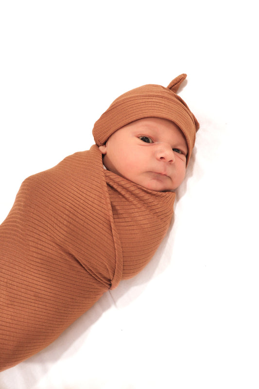 Cocoa Ribbed Stretch Swaddle Baby Blanket For Newborns Little Mae & Co Everetts Place: Online Boutique