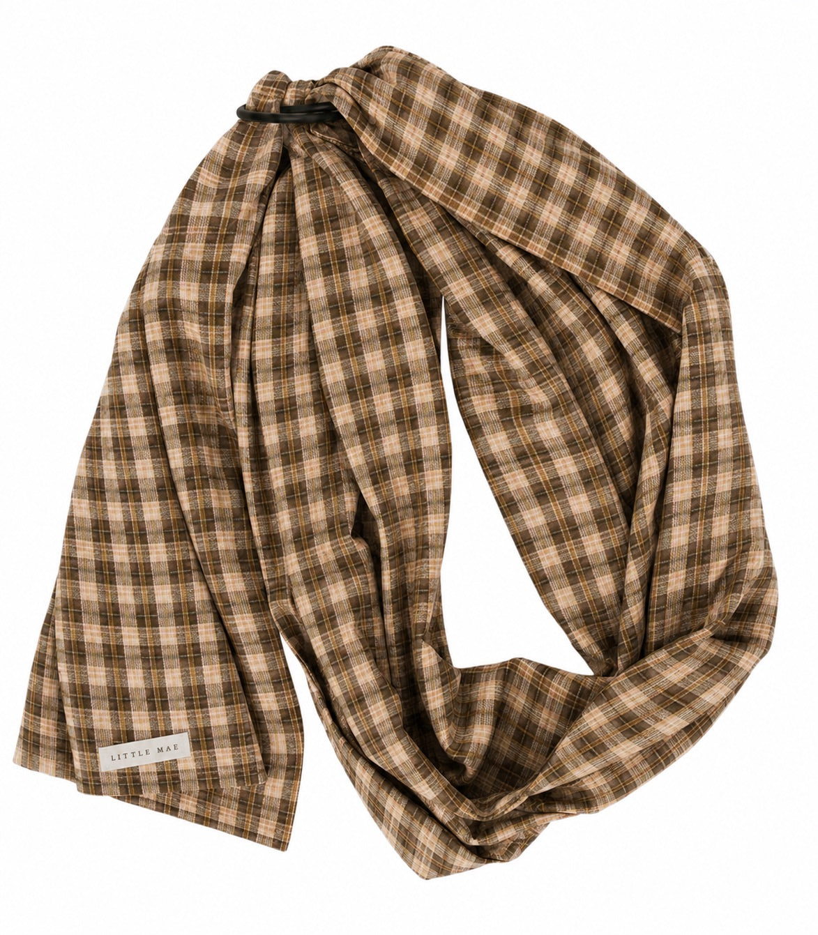 Brown plaid ring sling baby carrier with black aluminum rings and double-sided cotton blend fabric