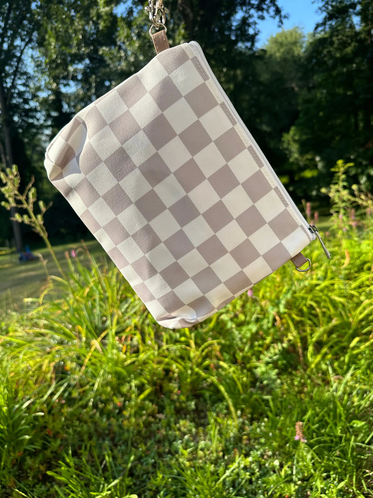Wipes Clutch In Tan Check Multi Compartment Wet Bag For Diapering The Good Village Cloth Co. 