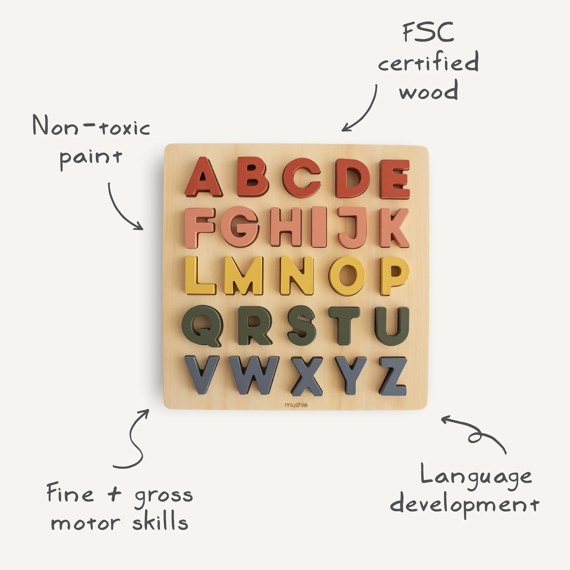 Wooden Alphabet Puzzle Educational Toy for Kids with 26 Capital Letters Mushie