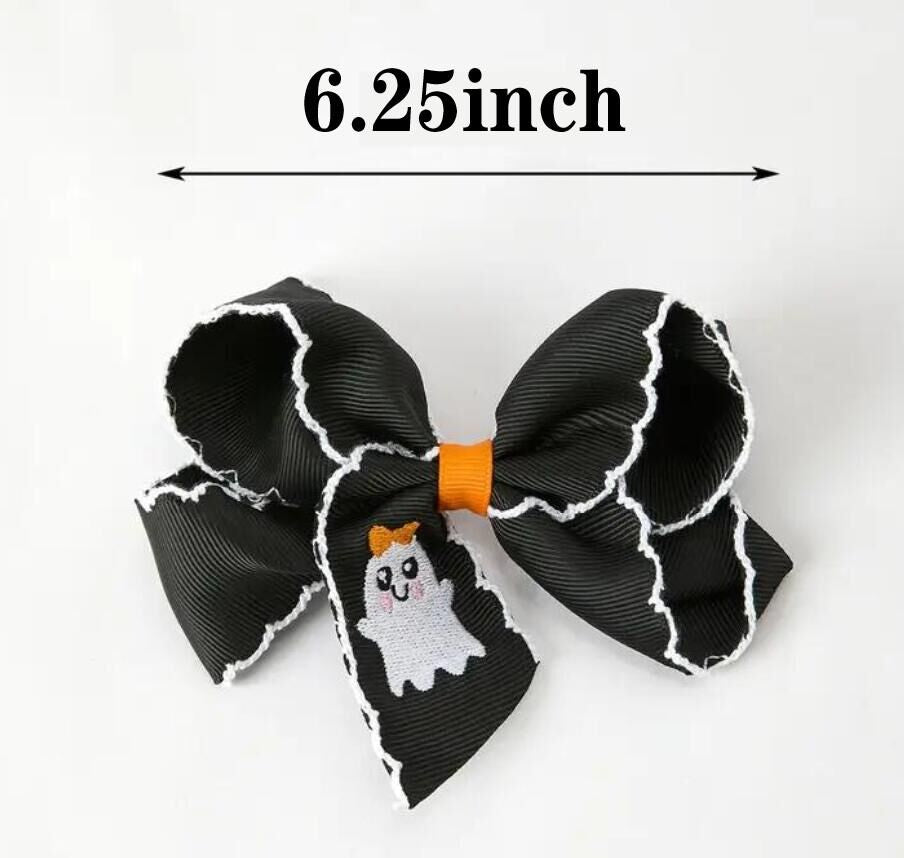 Halloween Ghost Embroidered Black Bow Hairpin by Rylee Faith Designs