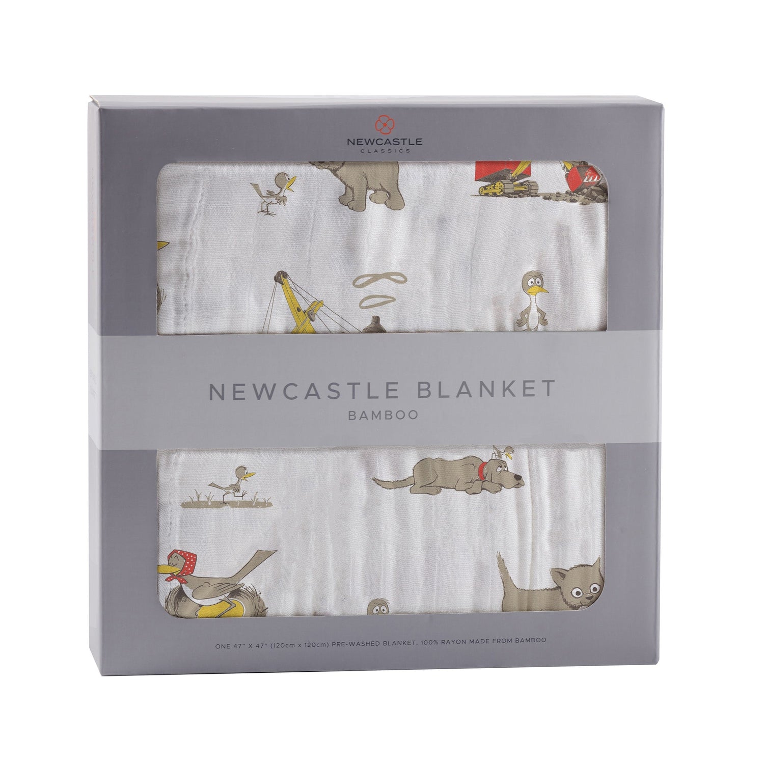 Bamboo muslin baby blanket with an Are You My Mother? themed print, shown square and folded