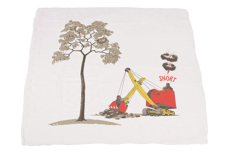 Are You My Mother? bamboo muslin blanket with tree and digger design.