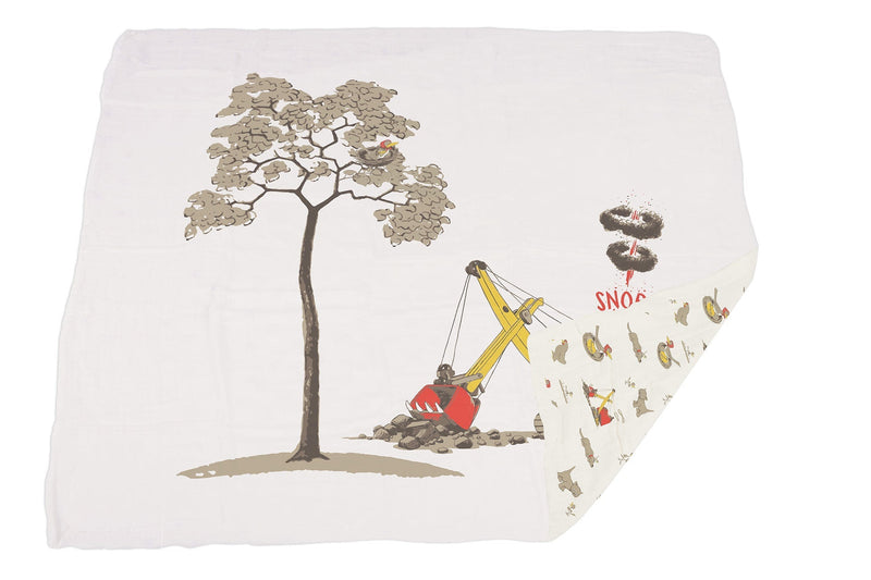 Limited edition "Are You My Mother?" bamboo muslin blanket and book set, 47"x47", featuring a tree and construction imagery.