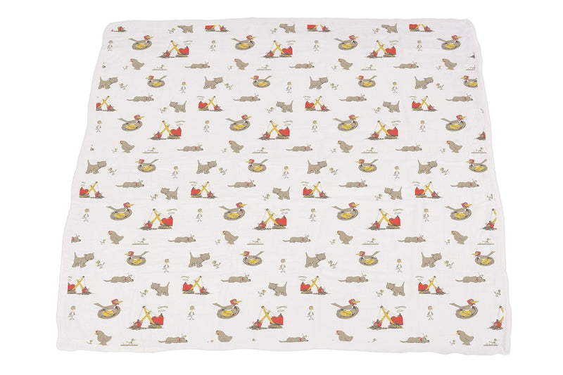 Are You My Mother? Bamboo Muslin Blanket with illustrated pattern.