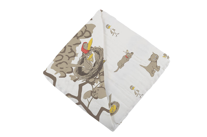 Are You My Mother? bamboo muslin blanket with whimsical design.