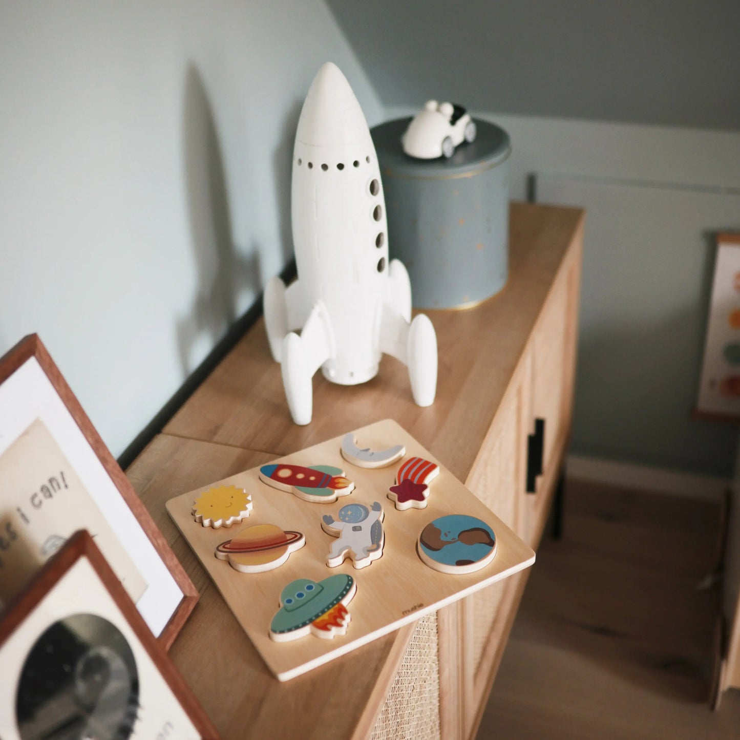 Wooden Space Puzzle for Kids with Eight Colorful Pieces and Smooth Edges Mushie