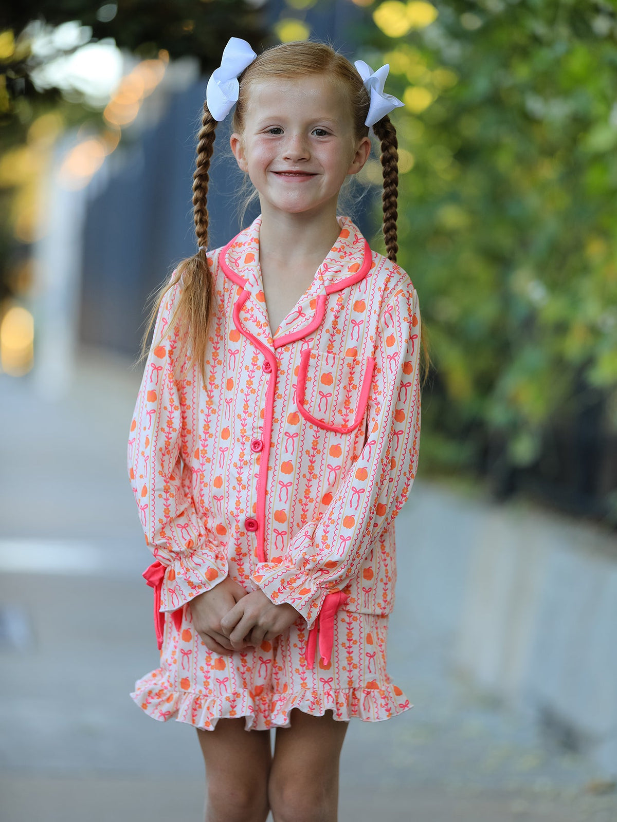 Polyester Spandex Pajama Set, Girls Pumpkin Bow by Rylee Faith Designs