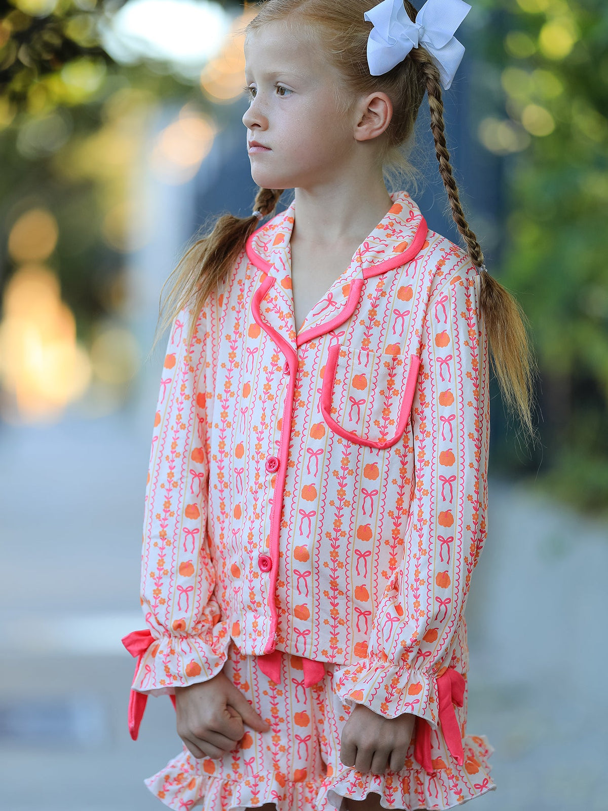 Polyester Spandex Pajama Set, Girls Pumpkin Bow by Rylee Faith Designs