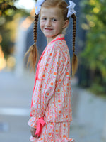 Polyester Spandex Pajama Set, Girls Pumpkin Bow by Rylee Faith Designs
