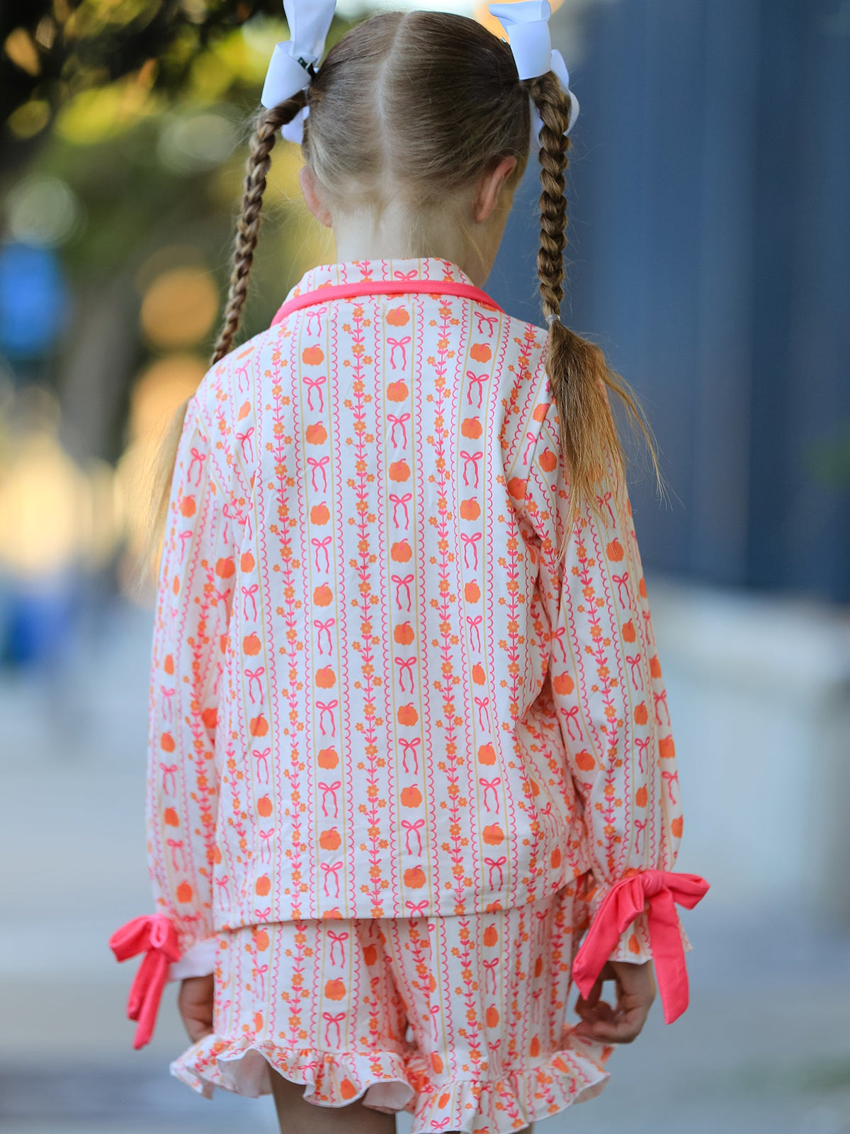 Polyester Spandex Pajama Set, Girls Pumpkin Bow by Rylee Faith Designs