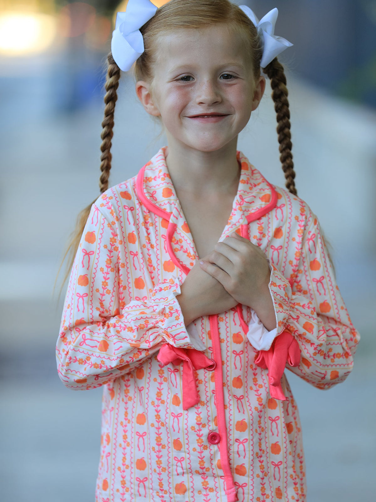 Polyester Spandex Pajama Set, Girls Pumpkin Bow by Rylee Faith Designs