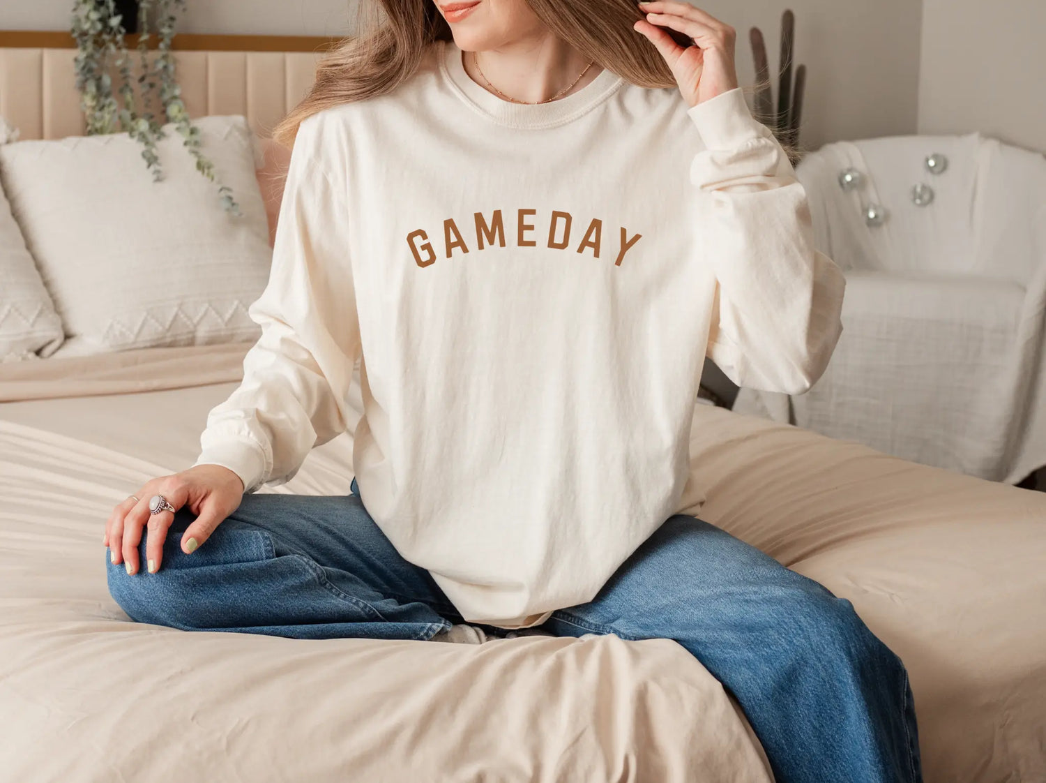 Little Joy Co. Adult Gameday Crew Comfort Colors Long Sleeve Tee Ivory - Apparel & Accessories > Clothing > Clothing Tops > T-Shirts