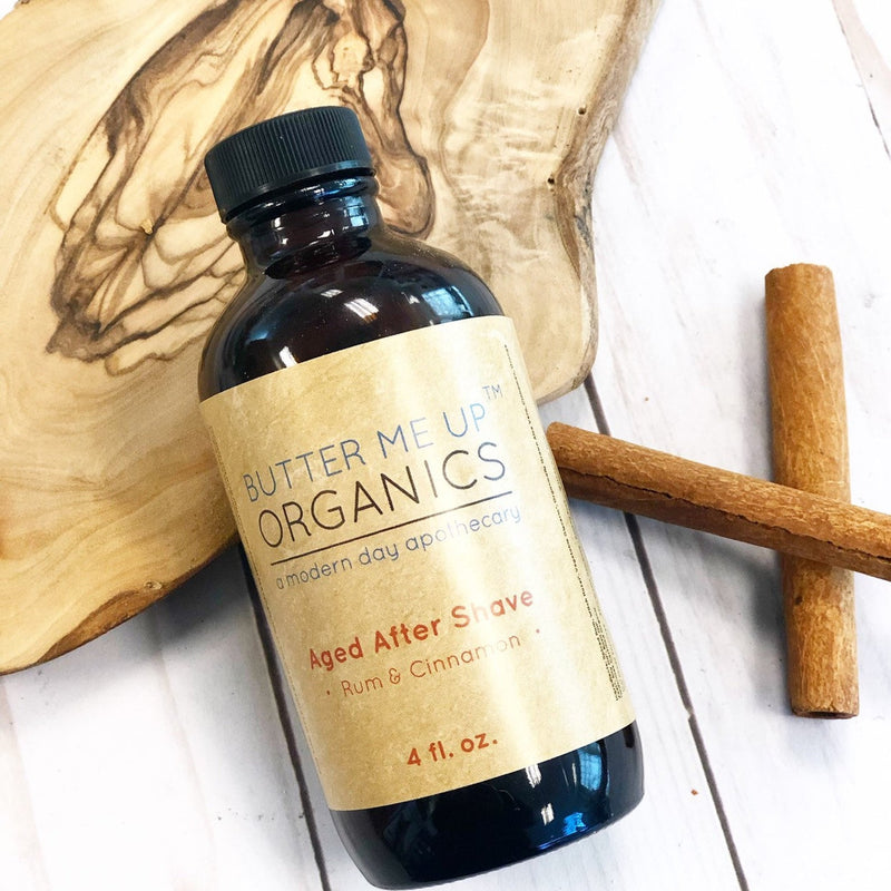 Natural Aged After Shave with organic bay and woodsy scent in rustic packaging.