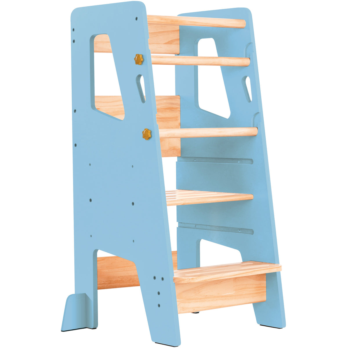 Ocodile natural wood standing tower for toddlers with safety bars, perfect for kitchen use.