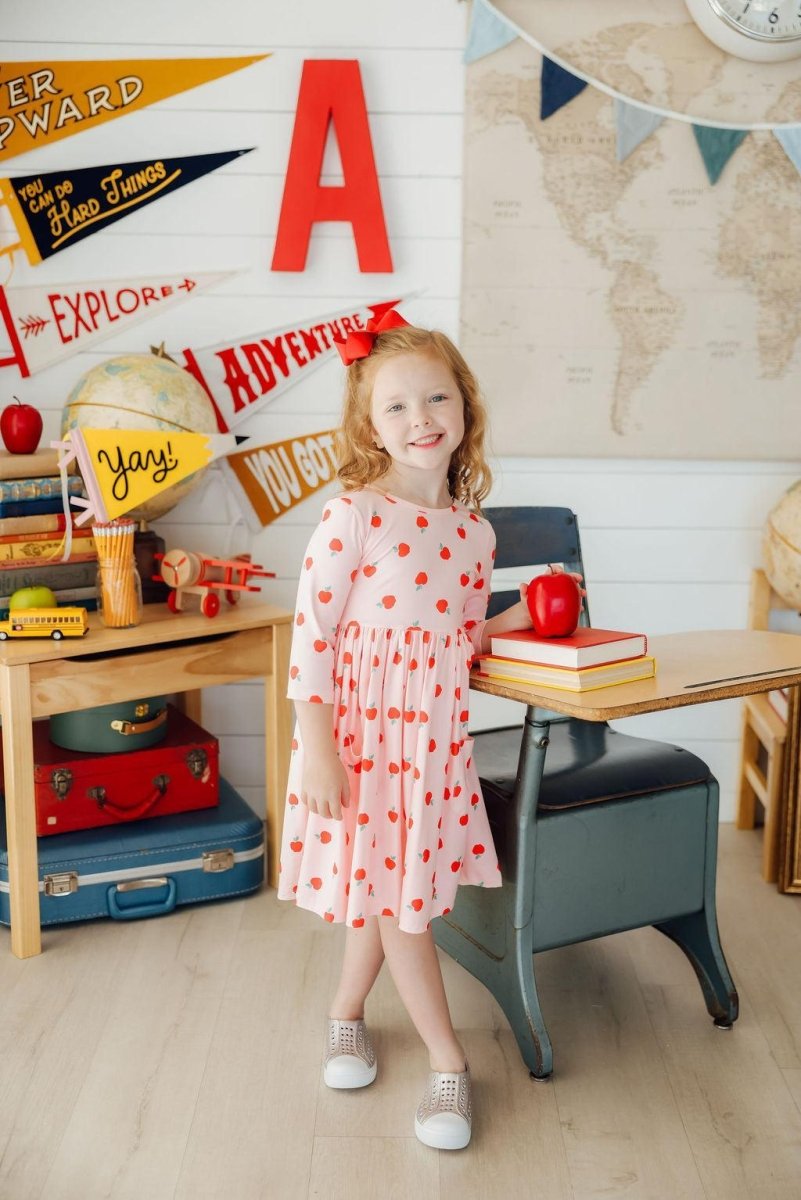 An Apple A Day Three Quarter Sleeve Pocket Toddler Dress - Everetts Place Boutique - 