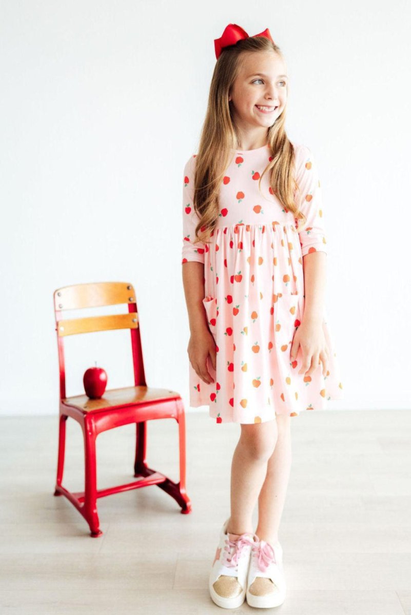 An Apple A Day Three Quarter Sleeve Pocket Toddler Dress - Everetts Place Boutique - 