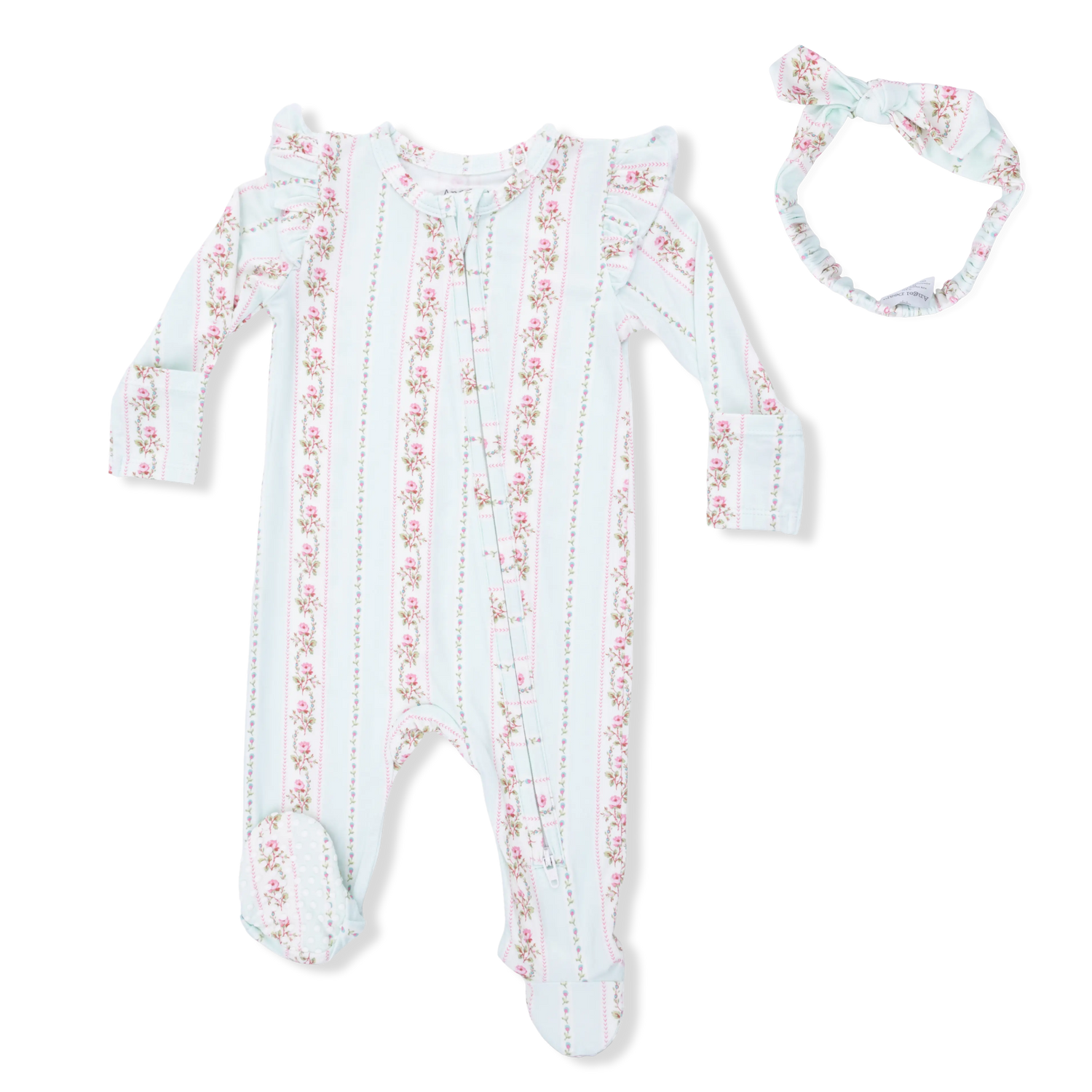 Antoinette Stripe - 2 Way Ruffle Sleeve Zipper Footie & Headband Set Angel Dear 