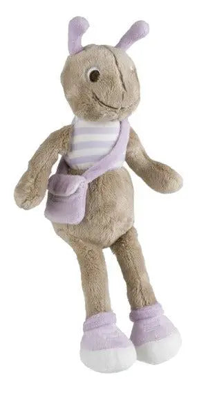 Ant Amy stuffed animal by Happy Horse, wearing lilac shoes and a matching bag.