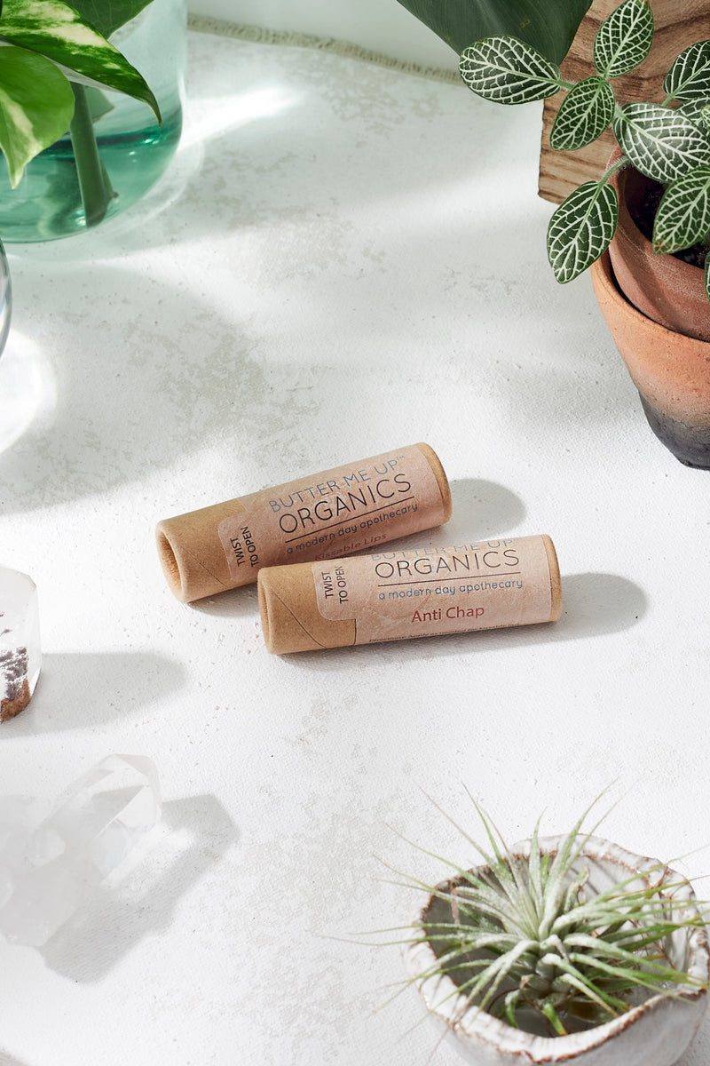 Organic Anti-Chap Lip Balm in eco-friendly paperboard tube with plants nearby.